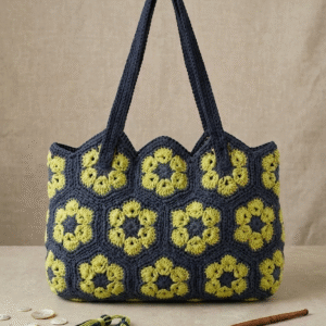 Sac cabas artisanal en crochet Dear San'el, modèle Héritage Floral, motifs hexagones African Flower gris ardoise et vert citron, entièrement fait main.