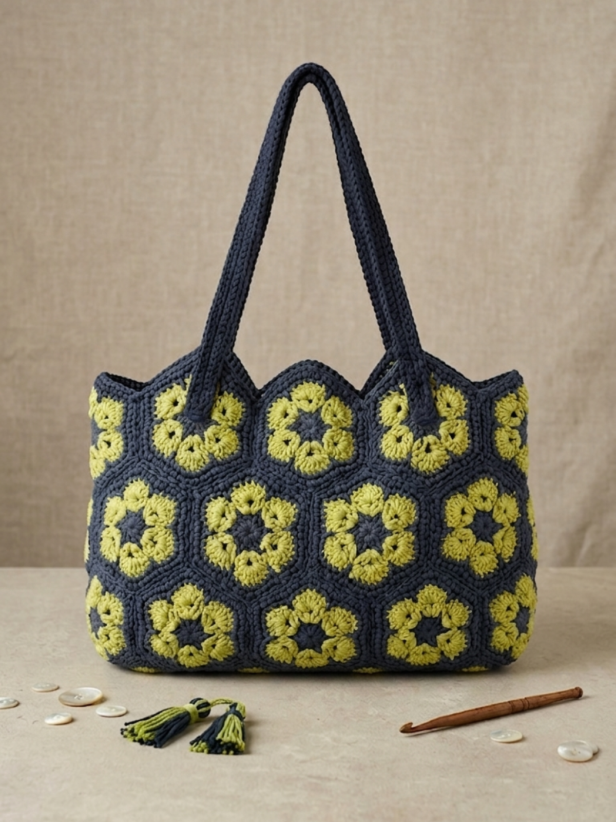Sac cabas artisanal en crochet Dear San'el, modèle Héritage Floral, motifs hexagones African Flower gris ardoise et vert citron, entièrement fait main.
